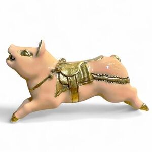 PMA HMR Pink Enamel Gold Plated Saddled Pig Brooch Signed Porcine Vintage
